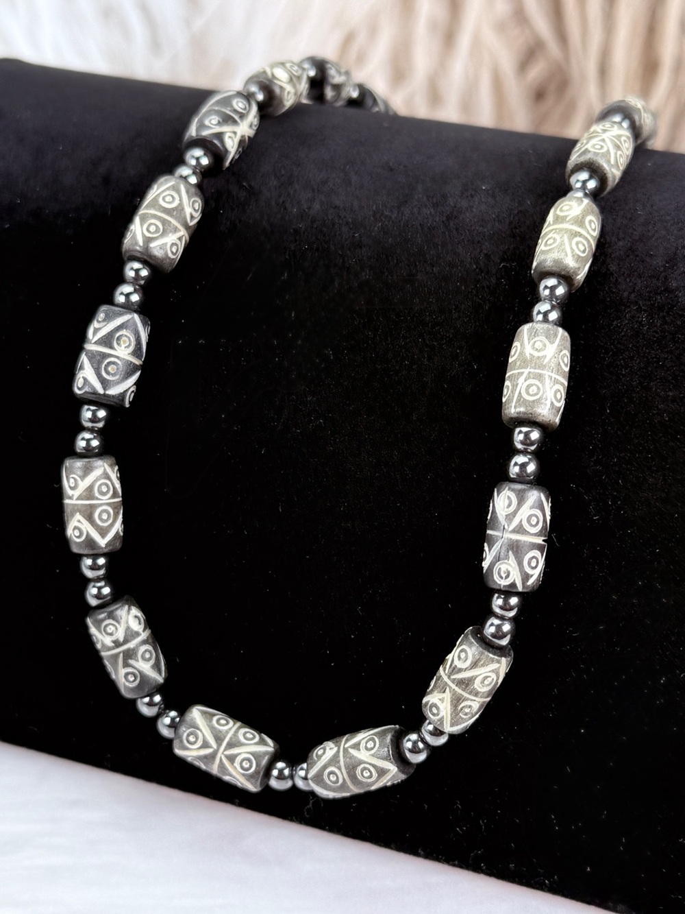 Bohemian chic Black Carved Beaded  Necklace